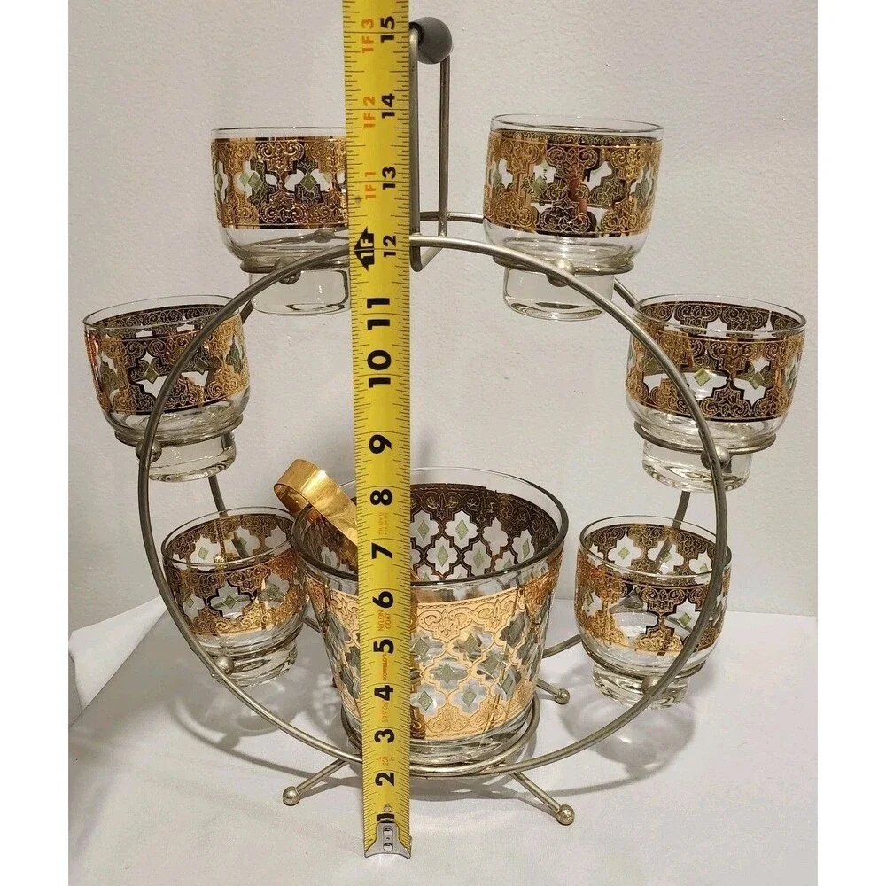 Vintage Culver Valencia 22K Gold 6 Glass Ice Bucket Caddy Set MCM 1960s